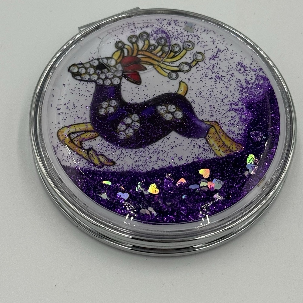 Purple Glittery Compact Mirror‎ Reindeer